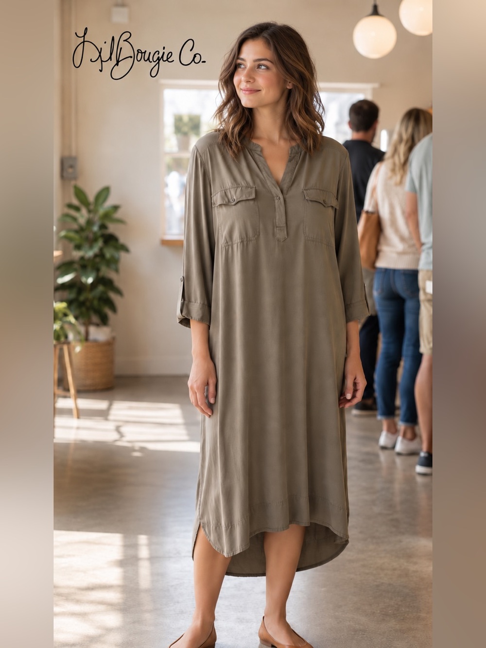 Dalia Olive Green Midi Shirt Dress - Size 12